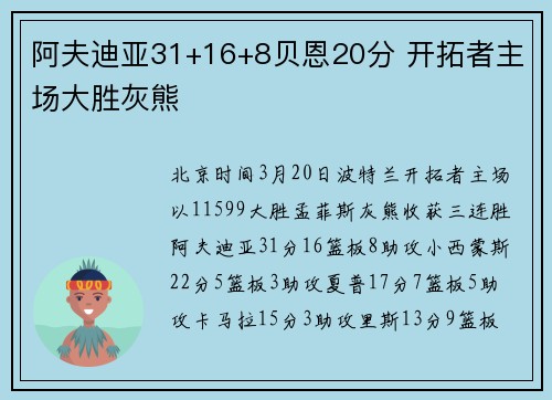 阿夫迪亚31+16+8贝恩20分 开拓者主场大胜灰熊